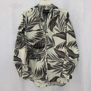 TAHARI Tropical Leaf Print Roll Tab Sleeve Linen Tunic Shirt